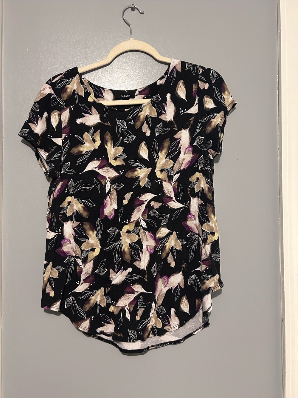 Alfani Black Floral Print Short-Sleeve Tee with Cream & Purple Accents